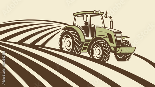 Vintage Style Tractor on a Field Illustration.