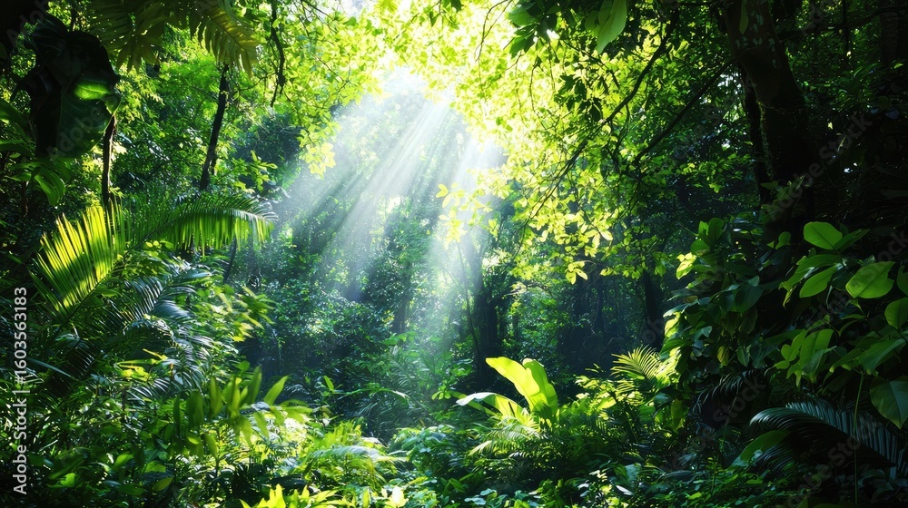 Obraz premium Sunlight Filtering Through Dense Green Foliage in a Vibrant Tropical Rainforest Scene
