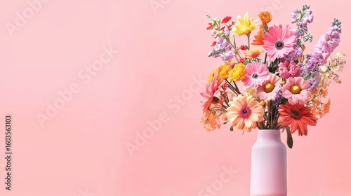 Bright and Colorful Floral Arrangement in Vase Against Soft Pink Background for Spring and Summer Decor