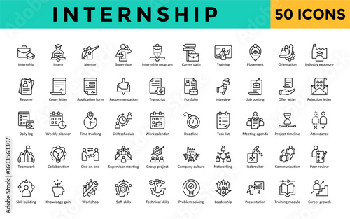 Internship icons set with internship, intern, mentor, supervisor, internship program, career path, training, placement, orientation, industry exposure icon. Simple line vector 
