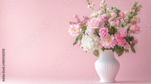 Beautiful Arrangement of Pink and White Flowers in Elegant White Vase against Soft Pink Background