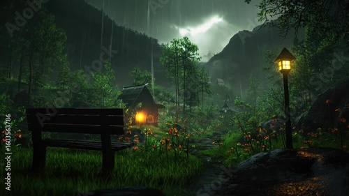Enchanting rainy forest scene with cozy cabin and inviting glowing light in the distance
