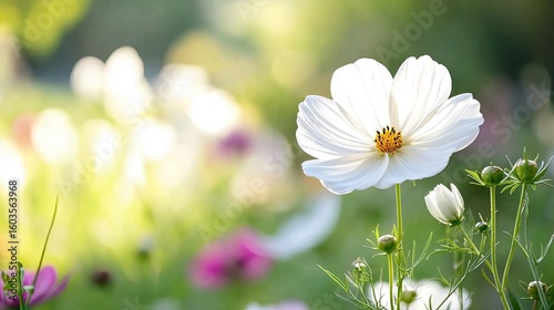 Beautiful white flower among colorful blossoms in a serene garden setting during bright sunny day