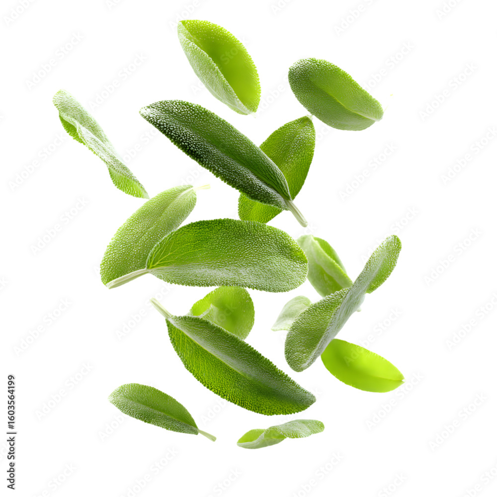 Fototapeta premium Floating Sage Leaves Vertically in Mid air