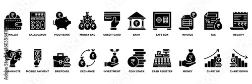 Vector icon set with finance and rupee symbols. Includes wallet, bank, calculator, and credit card icons. Perfect for fintech, apps, accounting, and business projects.