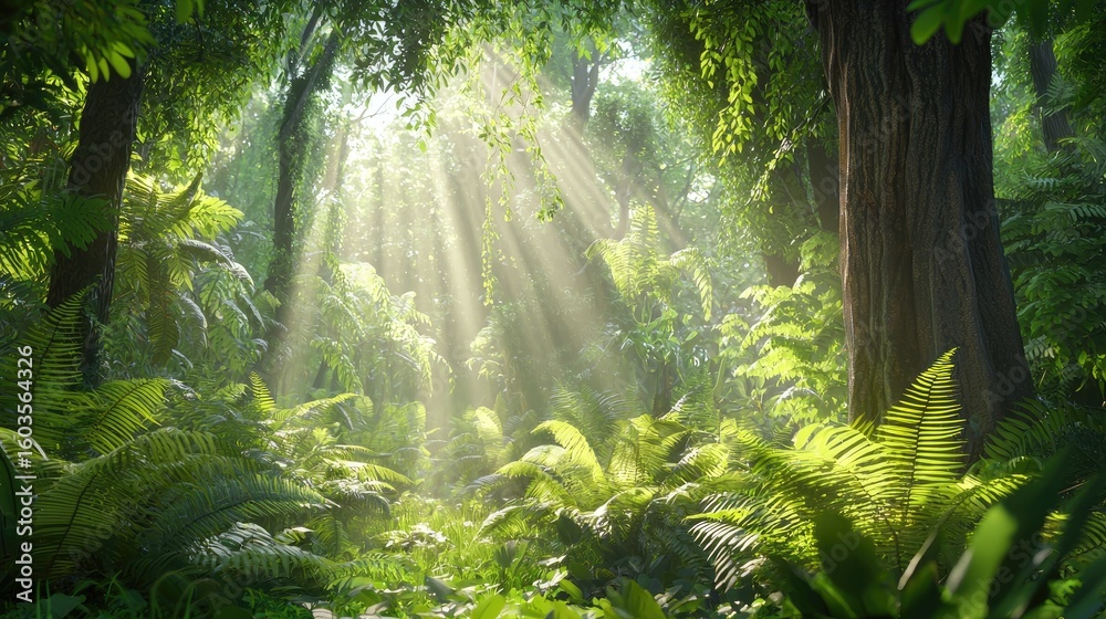 Obraz premium Sunlight Filtering Through Lush Green Forest Canopy Creating a Serene Natural Environment