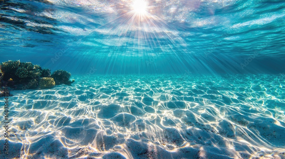 Fototapeta premium Underwater View of Crystal Clear Tropical Water with Sunlight Reflections and Sandy Ocean Floor