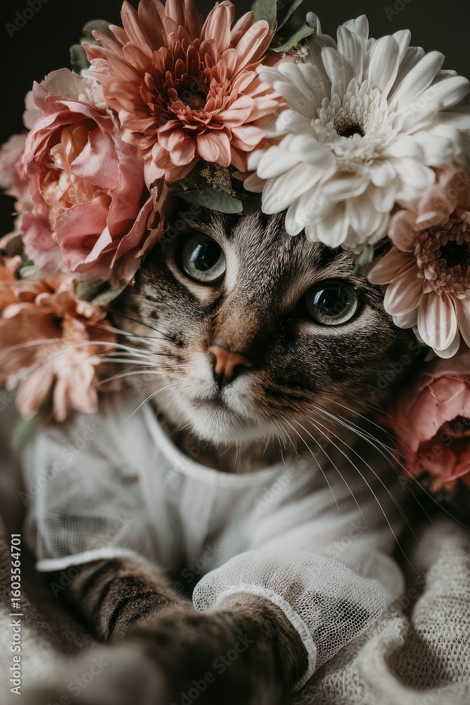Fototapeta premium Fashion Cat Portrait with Exotic Flower Crown and Sheer White Top