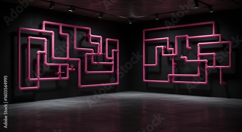 Fototapeta Naklejka Na Ścianę i Meble -  Empty room with Pink pipe maze on a black wall. Glamour indastrial background