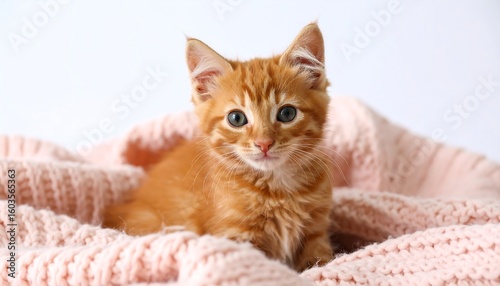 Cute ginger kitten nestled in a soft pink blanket