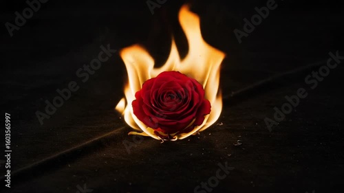 Red rose engulfed in flames on dark background