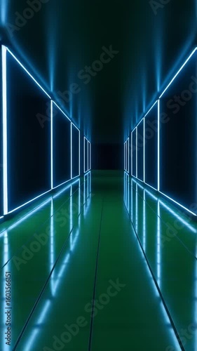 Futuristic corridor with glowing lights and reflections
