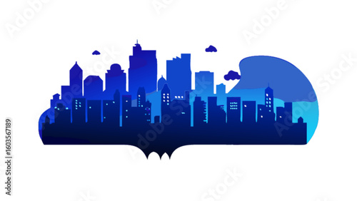 Cityscape silhouette vector art with blue color gradient urban skyline illustration and batman logo shape