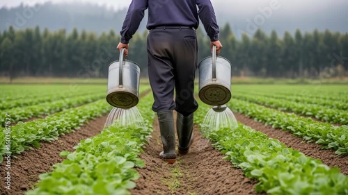 Person walking and watering rows of green plants in a farm field