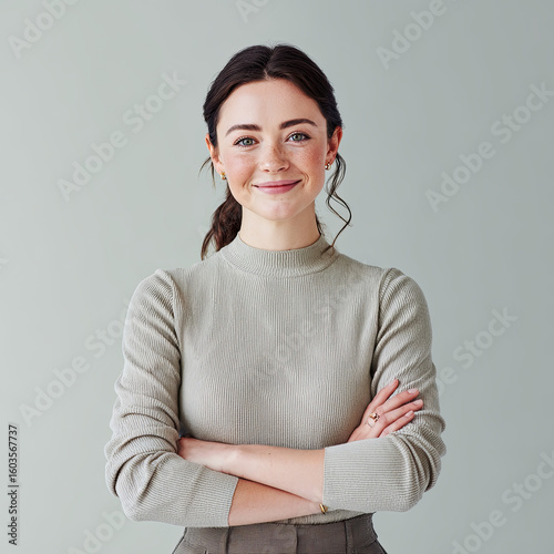 Confident young professional woman with warm, optimistic smile stands with arms crossed. Her empowered demeanor suggests visionary founder ready for business leadership in clean space