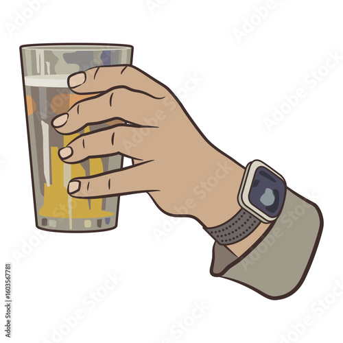 Human male hand wearing wrist watch holding glass of beer. Cheers gesture. Beverage drink design. Cartoon style. Isolated vector illustration.