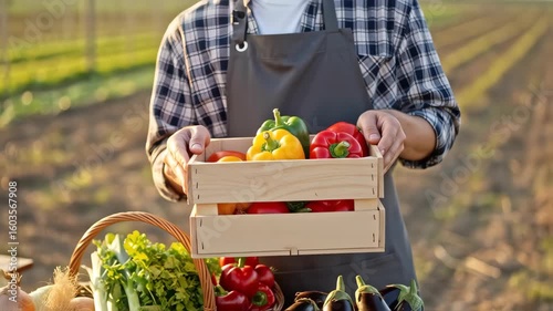 Farmer holding crates of freshly harvested colorful bell peppers