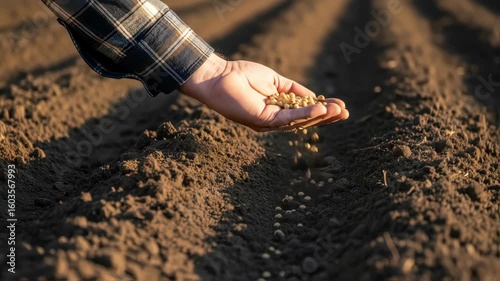 Farmer's hand sowing seeds into fertile soil for new crop growth and agricultural development