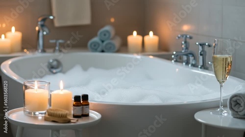 Relaxing Bubble Bath with Candles and Champagne Setup