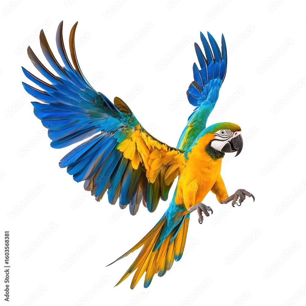 Fototapeta premium Parrot stretching A parrot extends one wing and one leg outward at the same time. full length isolate on transparent background