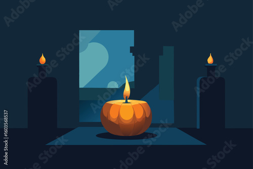 haunted room lit by cobweb candles vector illustration