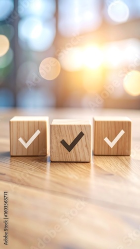 Three wooden blocks with checkmarks