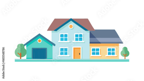 Illustration of a house with garage and trees for real estate and home design projects and architectural plans
