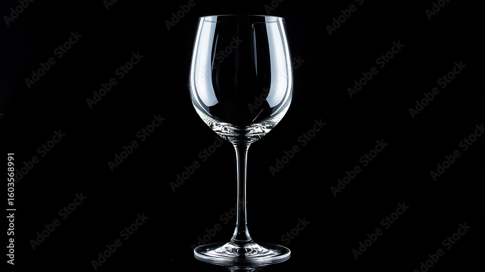 A clear glass wine glass with a long stem and a wide bowl, placed on a black background. A clear glass wine glass with a long stem and a wide bowl, placed on a black background.