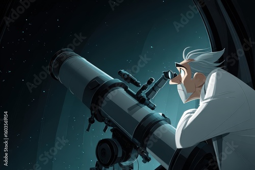 Animated Scientist Observing the Night Sky with a Telescope in a Laboratory Setting for Scientific Research and Astronomy