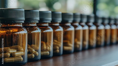 Amber glass jars filled with capsules line a shelf.