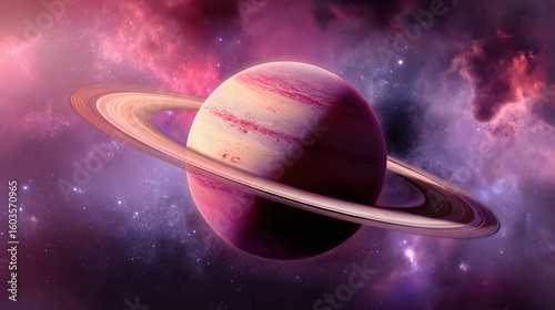 A majestic planet with glowing rings floating in a star-filled cosmic landscape.