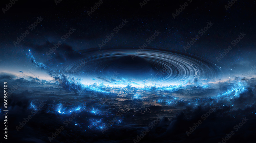 Fototapeta premium A majestic planet with glowing rings floating in a star-filled cosmic landscape.
