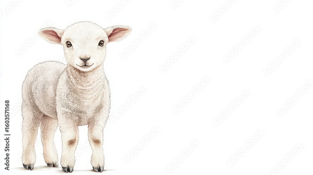 Fototapeta premium An etching illustration of a lamb standing gracefully, rendered in vintage whimsical style with intricate textile design patterns and fine ornamental line work, isolated on white background