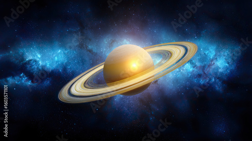 A majestic planet with glowing rings floating in a star-filled cosmic landscape.