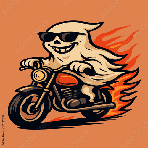 Cool ghost rides a vintage motorcycle with fiery trail, spooky grin, sunglasses, and plain background—funky meets creepy in cartoon style.