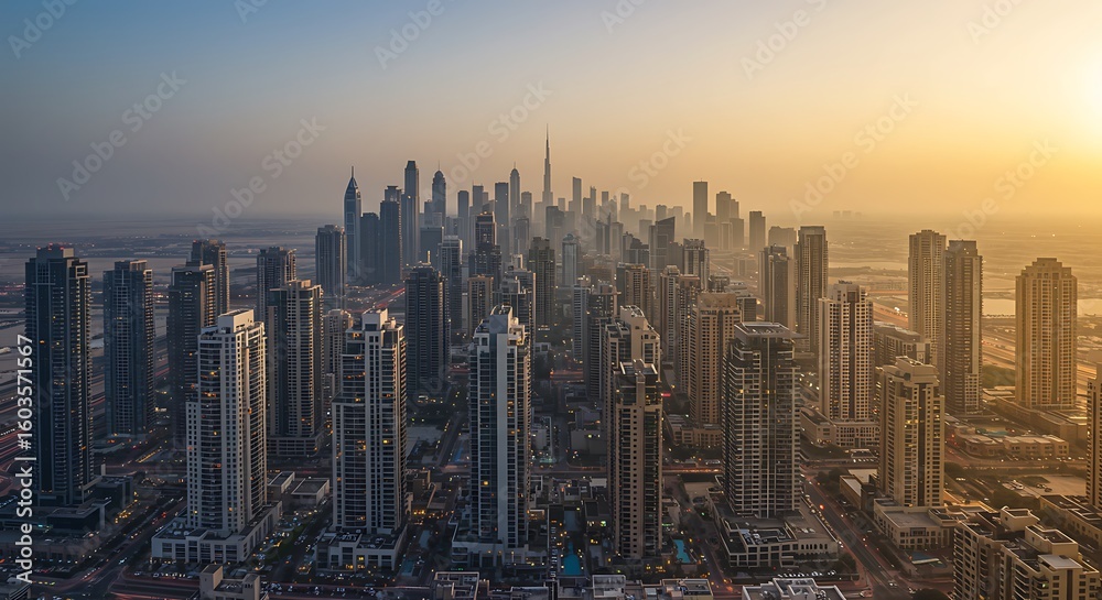 Obraz premium Panorama showing Dubai's business bay and downtown towers aerial morning . Rooftop view of some skyscrapers and new buildings under construction with thaditional houses of old town district
