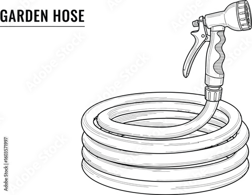 Coiled garden hose with a spray nozzle is presented in a detailed line art illustration, perfect for gardening guides, equipment manuals, and outdoor supply catalogs.