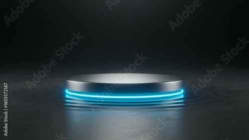 Futuristic podium with glowing edges in dark space