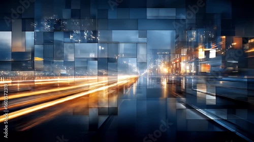 Speeding urban traffic blurs through the downtown cityscape, a vibrant light trail on the night highway street