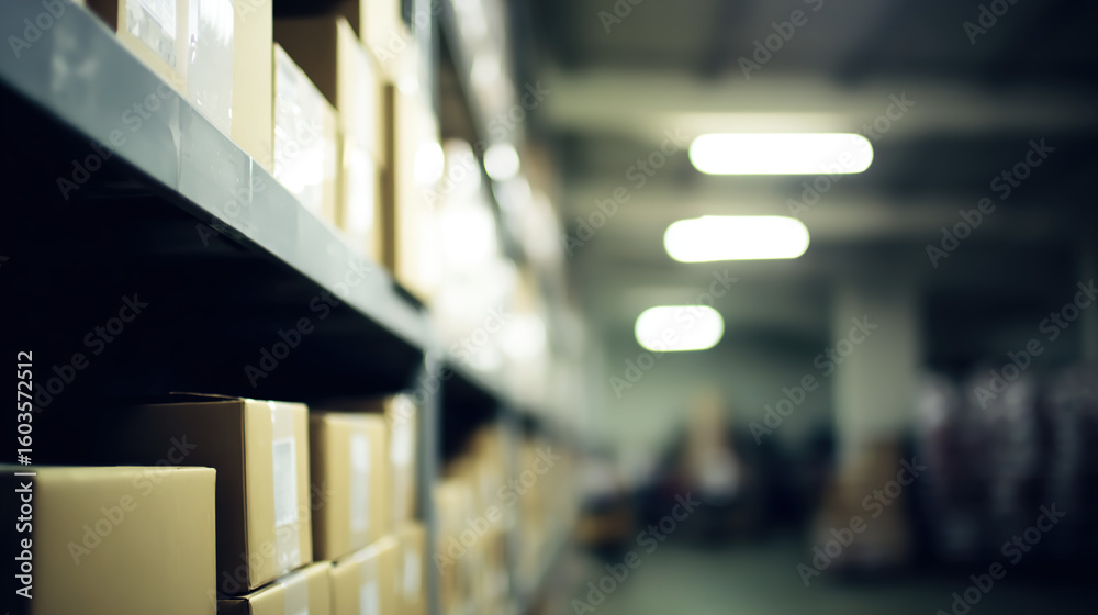 Fototapeta premium Neatly arranged boxes on warehouse shelves with soft overhead lighting and a blurred background.
