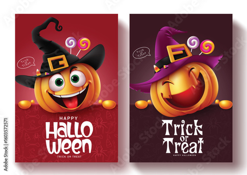 Halloween pumpkins characters vector poster set design. Happy halloween greeting text with cute pumpkins wearing witch hat elements for trick or treat card collection. Vector illustration holiday 