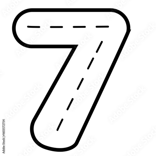 Outlined number seven with dashed trace lines, isolated on white background, ideal for children’s learning materials and educational counting projects.


