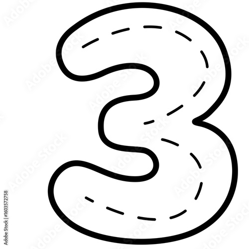 Outlined number three with dashed trace lines, isolated on white background, suitable for early learning, math exercises, and design projects.

