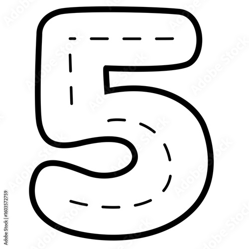 Outlined number five with dashed trace lines, isolated on white background, great for tracing activities, math worksheets, and educational materials.

