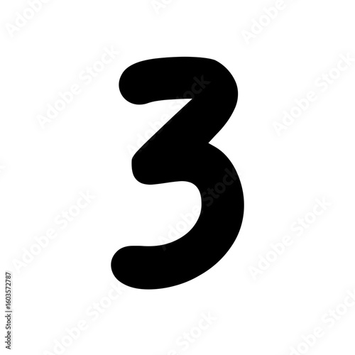 Black number three with a bold rounded font style, isolated on white background, representing the numeric digit 3 for creative design or counting.

