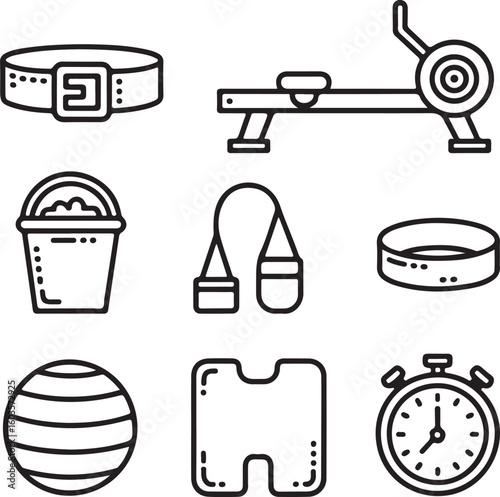 Minimal CrossFit Equipment Icons – Weightlifting Belt, Rowing Machine, Chalk Bucket, Resistance Bands, Wall Ball, and Training Mat