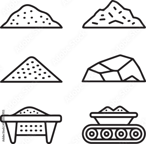 Construction Mineral Aggregate Outline Icons – Gravel, Crushed Stone, Sand Pile, Pebbles, Quarry Rock, and Sieve Illustration Set