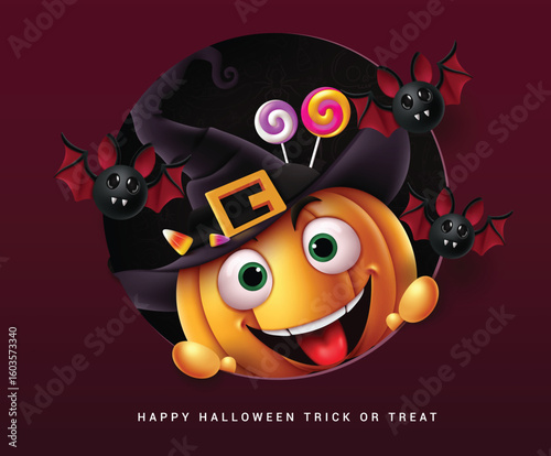 Halloween pumpkin character vector design. Happy halloween invitation card with funny pumpkin character wearing purple hat costume, holding orange board elements in spooky black background. Vector 