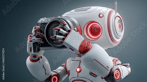 A futuristic 3D blue screen robot cyborg, a symbol of future technology, is flying with a gun, an illustration of robotic science