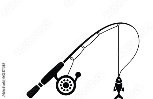 Fishing rod with a fish hook and a fish in black silhouette style.